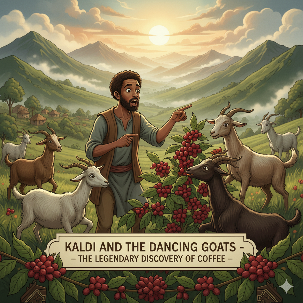 에티오피아 고원에서 염소들과 함께 커피 열매를 발견하는 칼디의 전설적 장면을 묘사한 일러스트(이미지 생성:google)