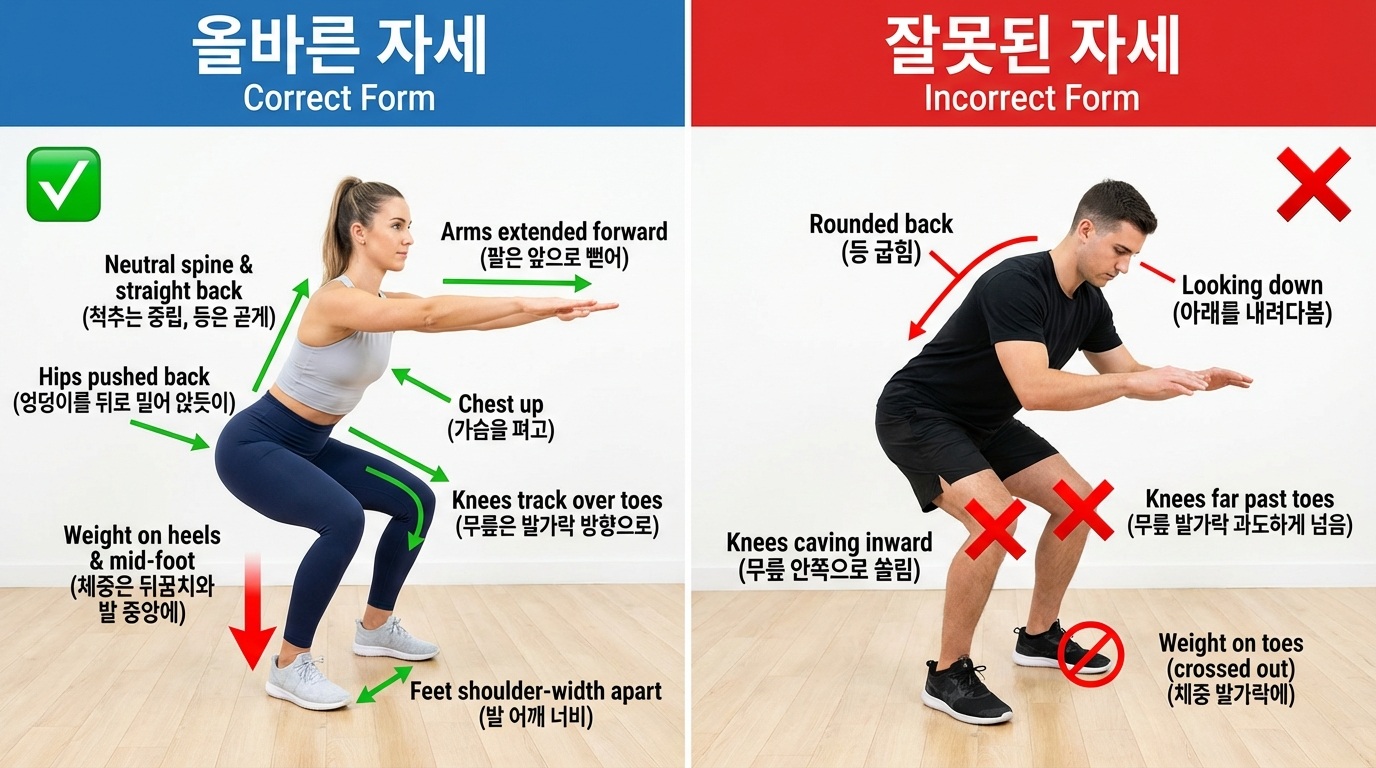 무릎 통증 예방을 위한 실내 스쿼트 자세 교정 수칙과 올바른 무게 중심 설정 이미지