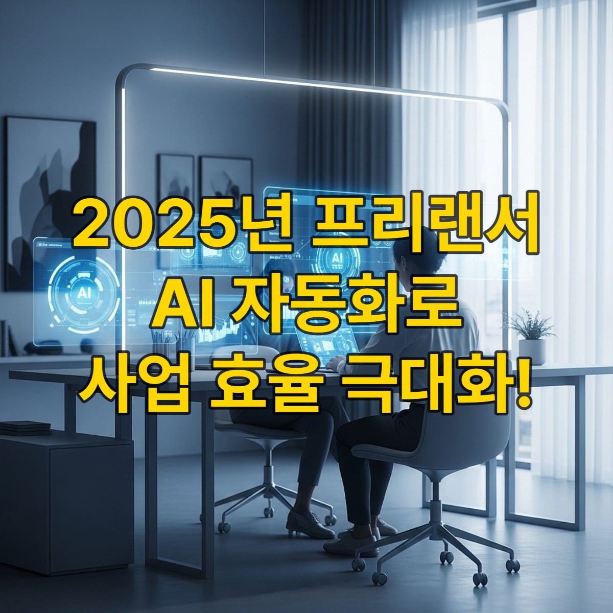 2025년 프리랜서 1인 기업가를 위한 미래형 작업 공간에서 AI 자동화 툴을 활용하여 효율적으로 업무를 처리하는 모습