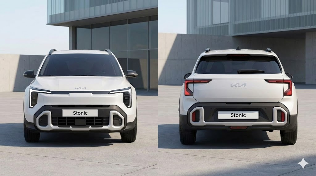 신형 스토닉의 전면부와 후면부가 동시에 보이는 고화질 렌더링 이미지. 스타맵 시그니처 라이팅이 켜져 있어 미래지향적인 느낌을 강조하는 구도