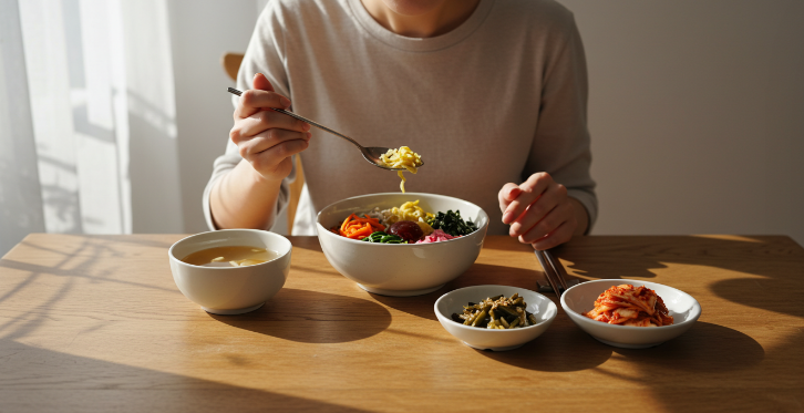 식탁 위에는 다채로운 채소가 올려진 간단한 비빔밥 한 그릇, 맑은 된장국, 김치 반찬이 놓여 있다. 자취생 여성이 식사하는 모습