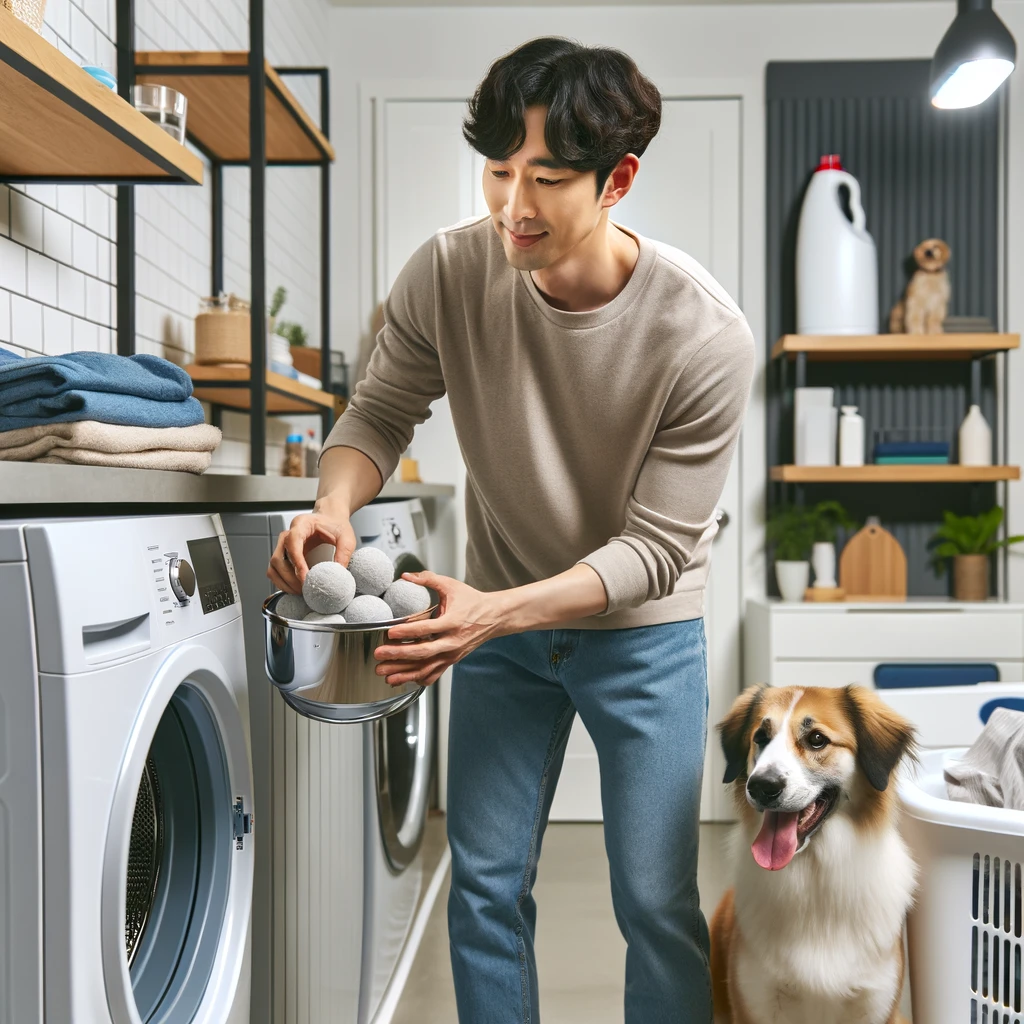남성이 양모볼을 건조기에 넣고 있는 모습