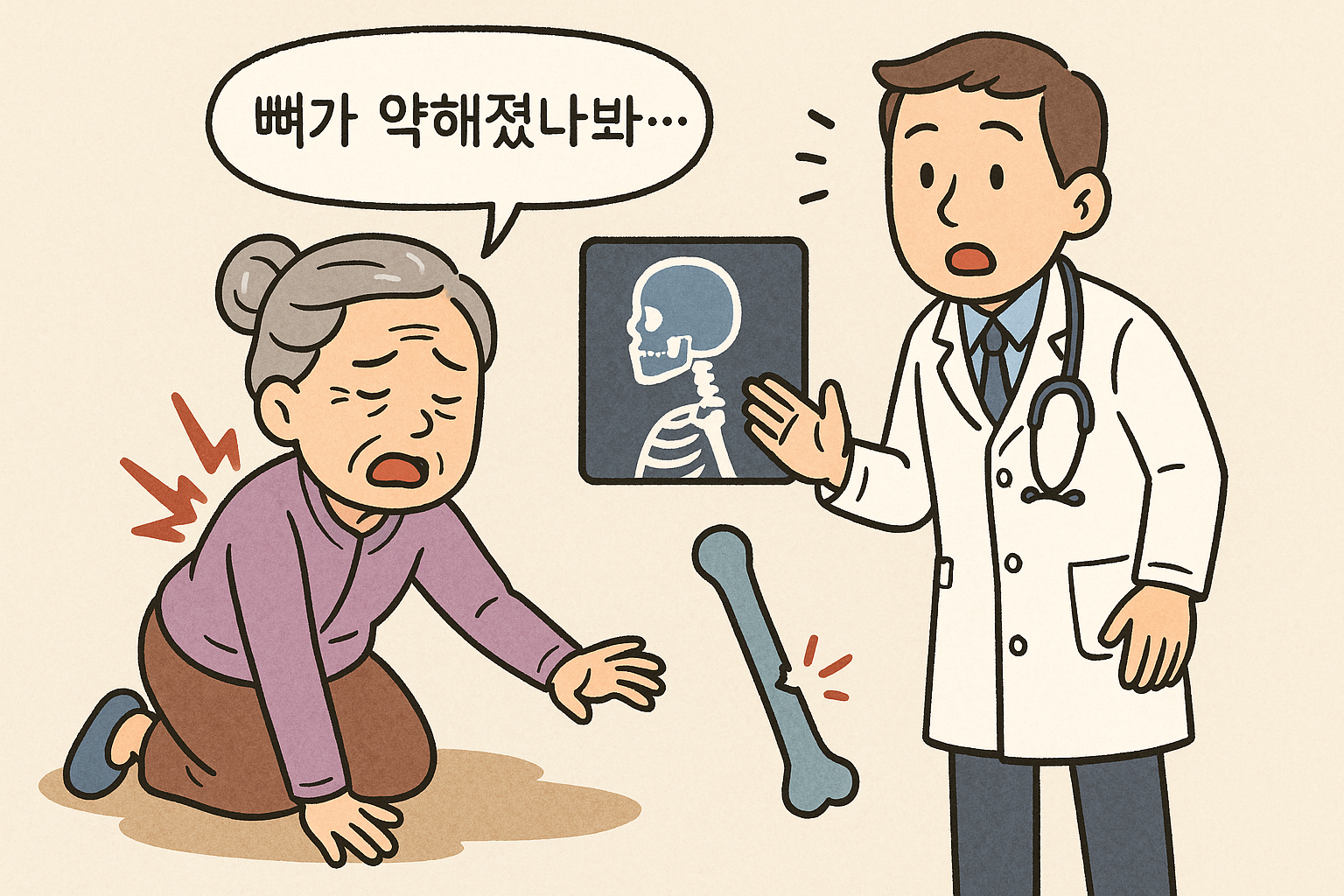 할머니가 골다공증으로 뼈가 약해져서 병원내원하여 의사를 찾아옴