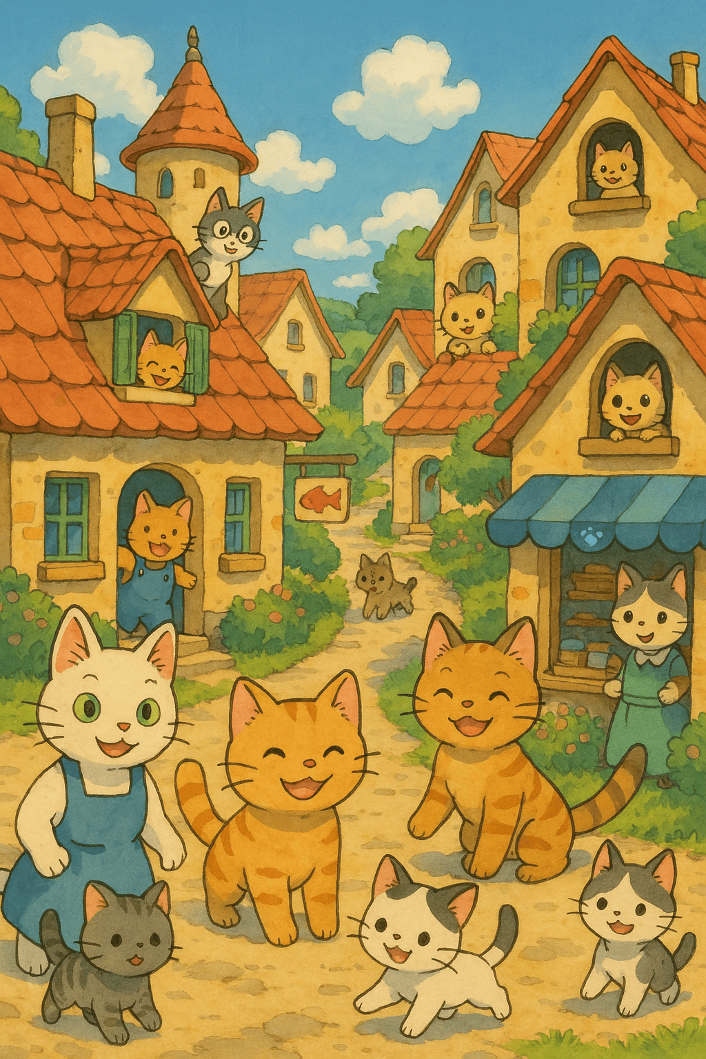 지브리풍-귀여운-고양이-마을-그림