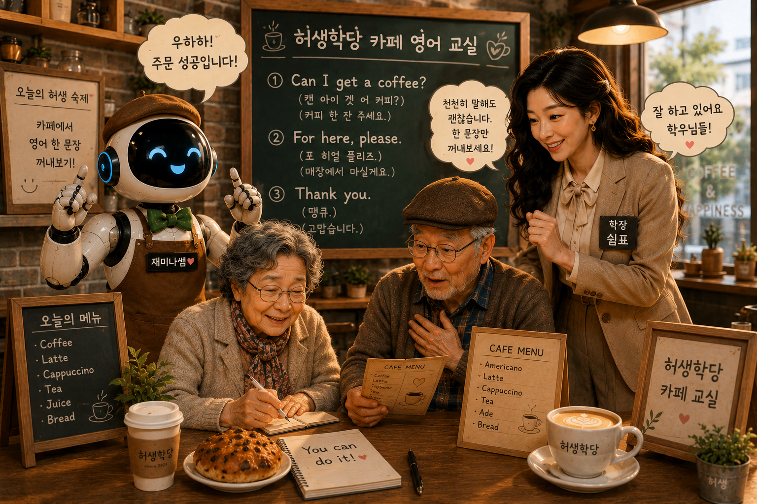 허생학당 카페 실전 교실에서 AI 재미나쌤과 여자 쉼표 학장이 시니어 학우들의 영어 주문 연습을 응원하고 있다. 테이블 위에는 카푸치노와 곰보빵, 메뉴판이 놓여 있고, 칠판에는 카페 영어 문장이 적혀 있는 따뜻한 감성의 중간 삽입 이미지.