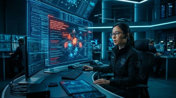 사이버 보안 장애가 발생한 화면을 감시하는 안전요원