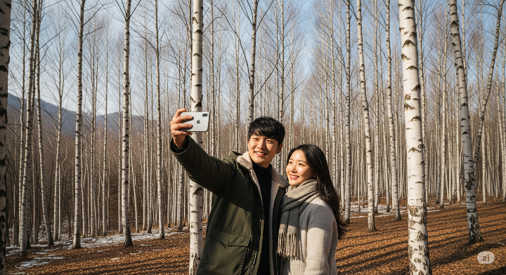 인제 원대리 자작나무 숲에서 사진을 찍는 남녀의 모습