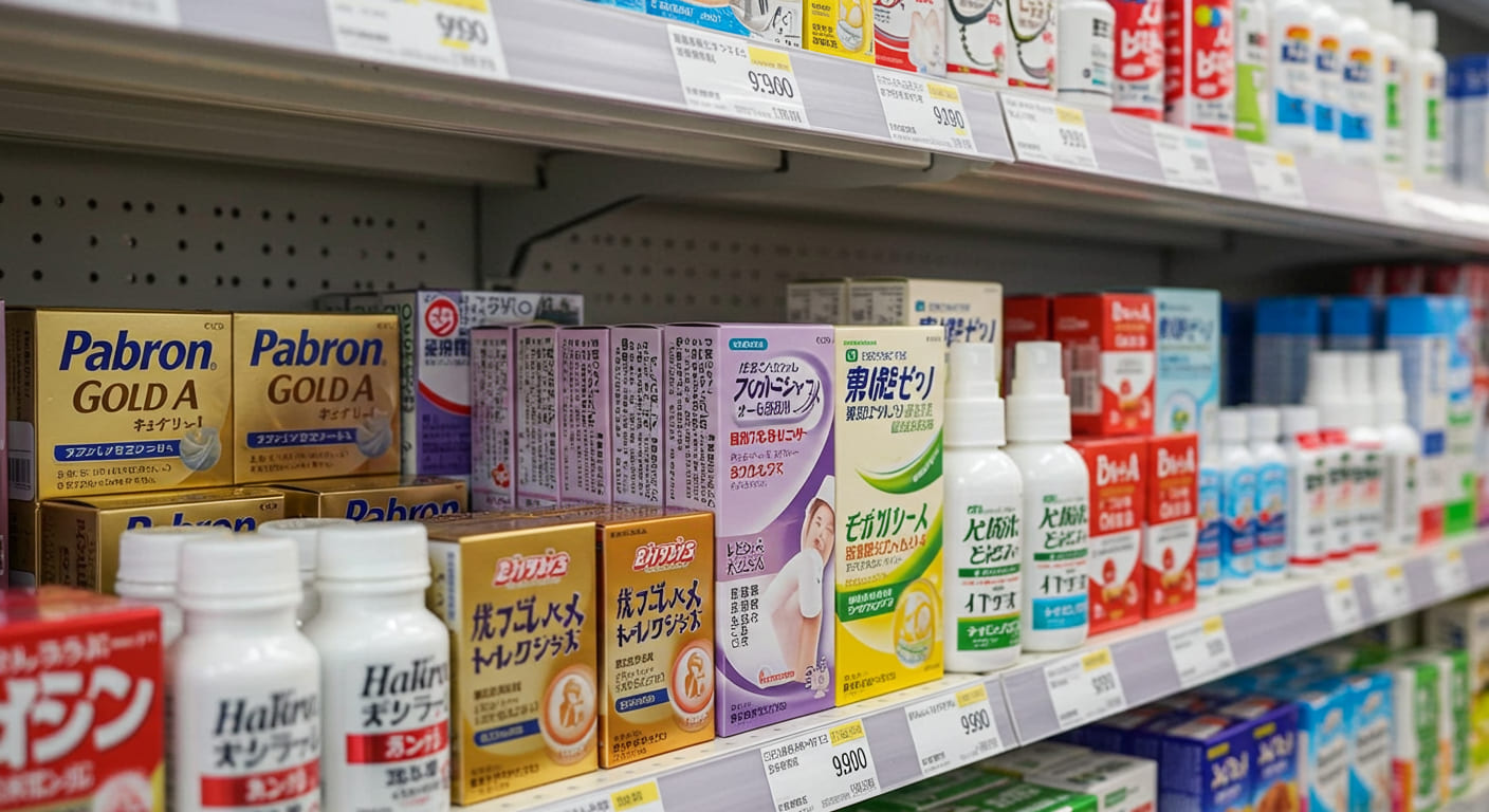 "일본 두통약 이브A, 버퍼린 등 진통제가 진열된 약국 선반"