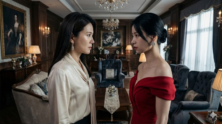 건향그룹의 저택 거실, 모든 진실이 폭로될 위기 앞에서도 꼿꼿하게 서로를 노려보며 차가운 기싸움을 벌이는 이시아와 이일화의 팽팽한 대립 장면