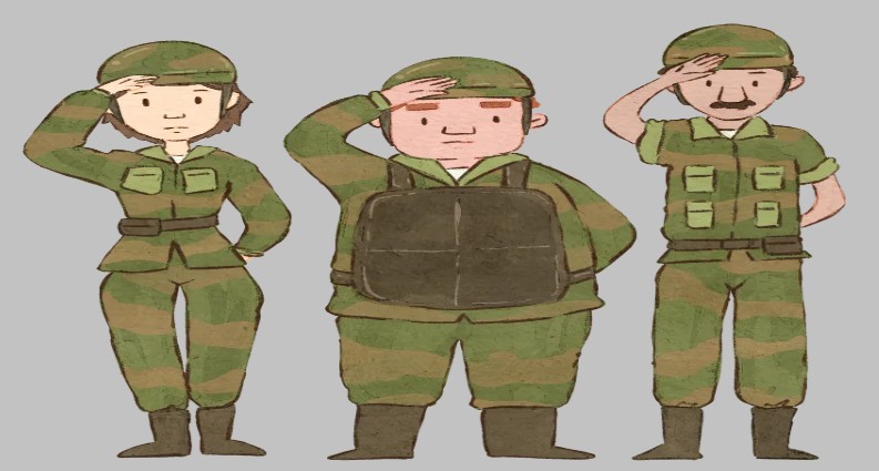 다양한 체형과 복장의 군인 3명이 경례하는 손그림 스타일 제대군인 일러스트