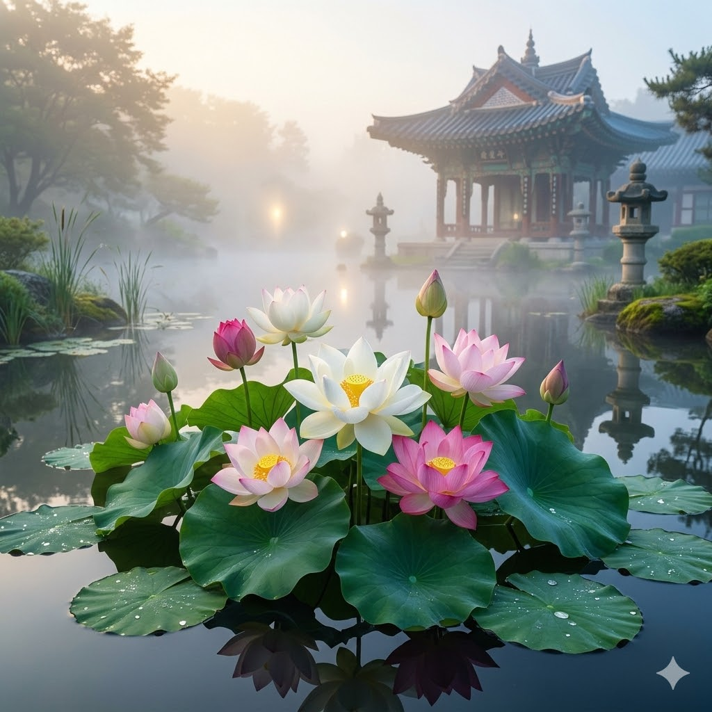 [수정사의 맑은 기운을 담은 새벽 연꽃]

[Morning Lotus Holding the Clear Energy of Crystal Temple]