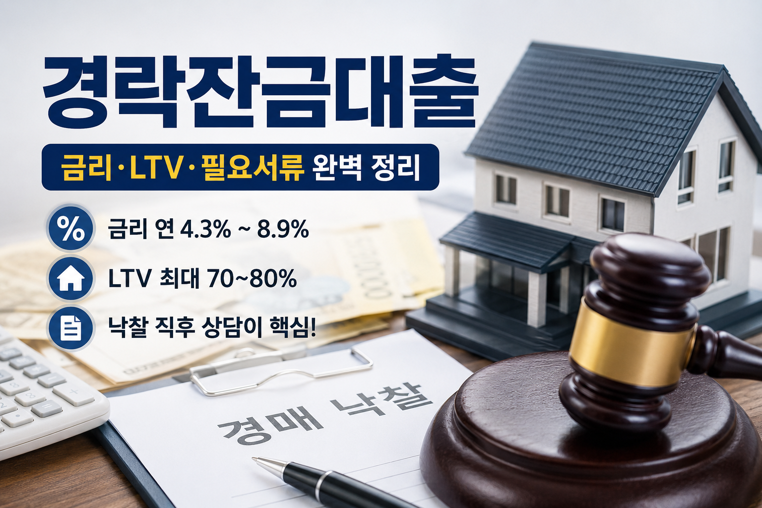 경락잔금대출 금리, LTV, 필요서류를 정리한 대표 이미지. 경매 낙찰 서류, 판사 망치, 주택 모형이 함께 배치된 금융 정보 썸네일