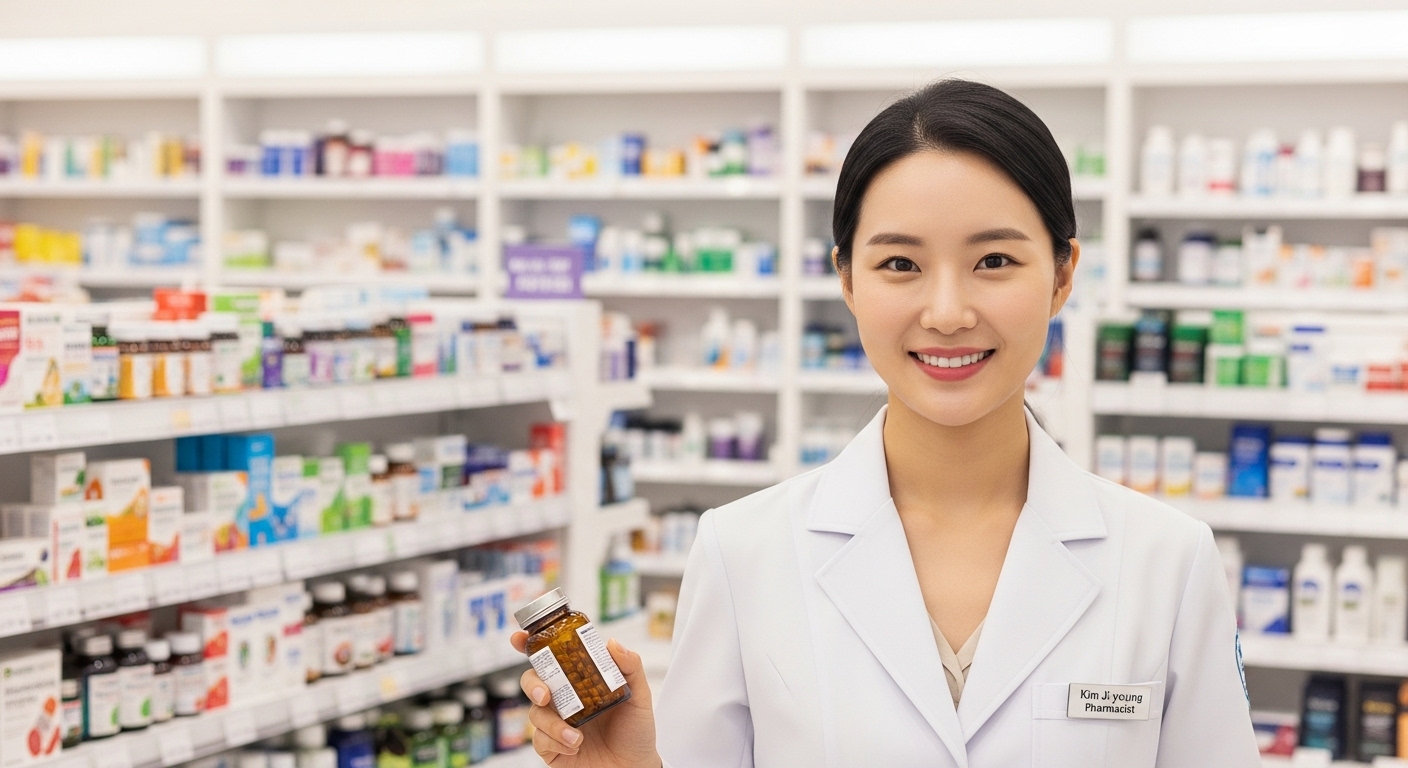 밝고 현대적인 약국에서 한인 약사가 면역력 강화 영양제 병을 들고 추천하는 모습