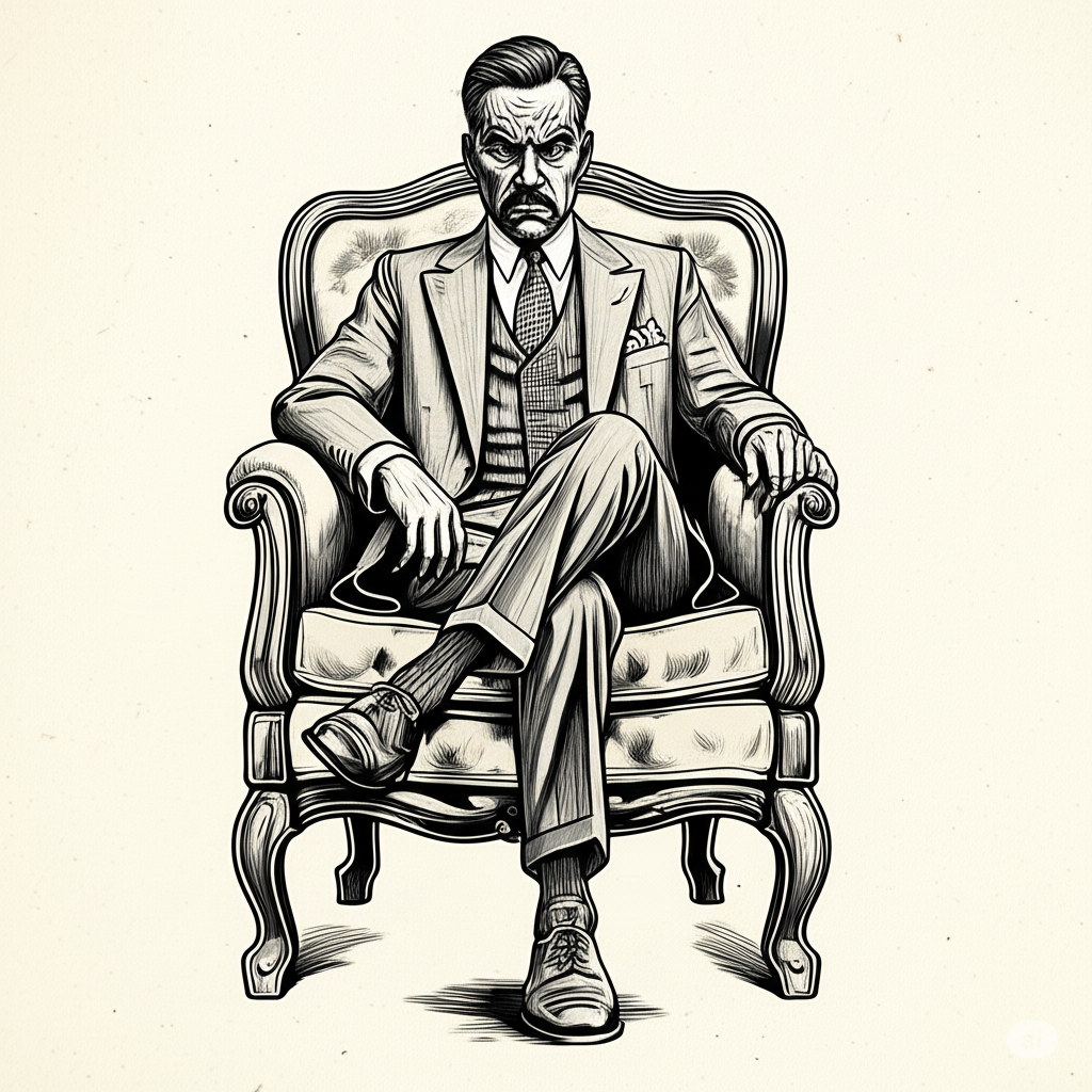 화려한 양복을 입고 화난 표정으로 의자에 다리 꼬고 앉아 있는 남자