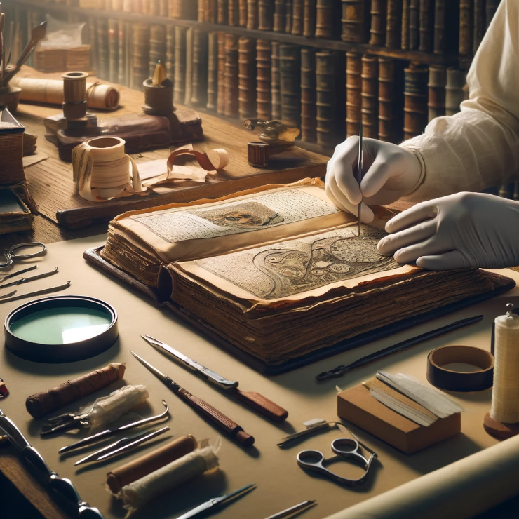 낡은 책을 섬세하게 복원하는 장면