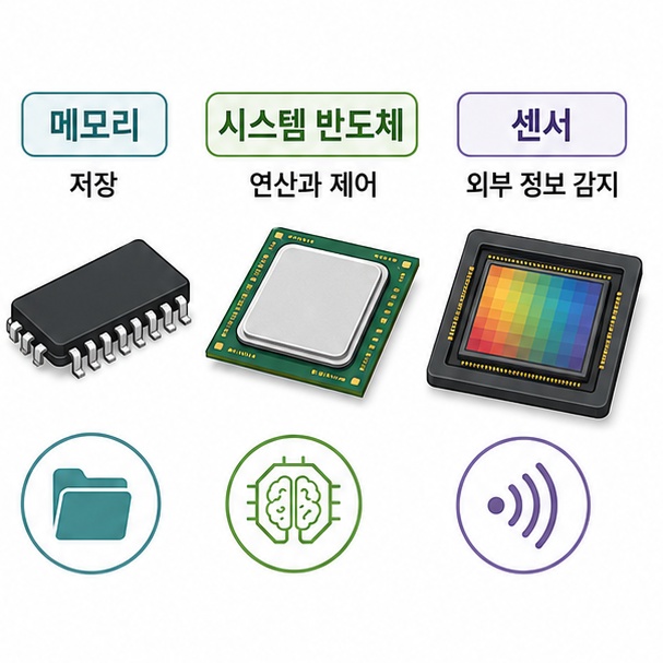 정보를 저장하는 메모리 반도체와 연산 및 제어를 담당하는 시스템 반도체, 외부 정보를 감지하는 센서 반도체를 비교하는 그림