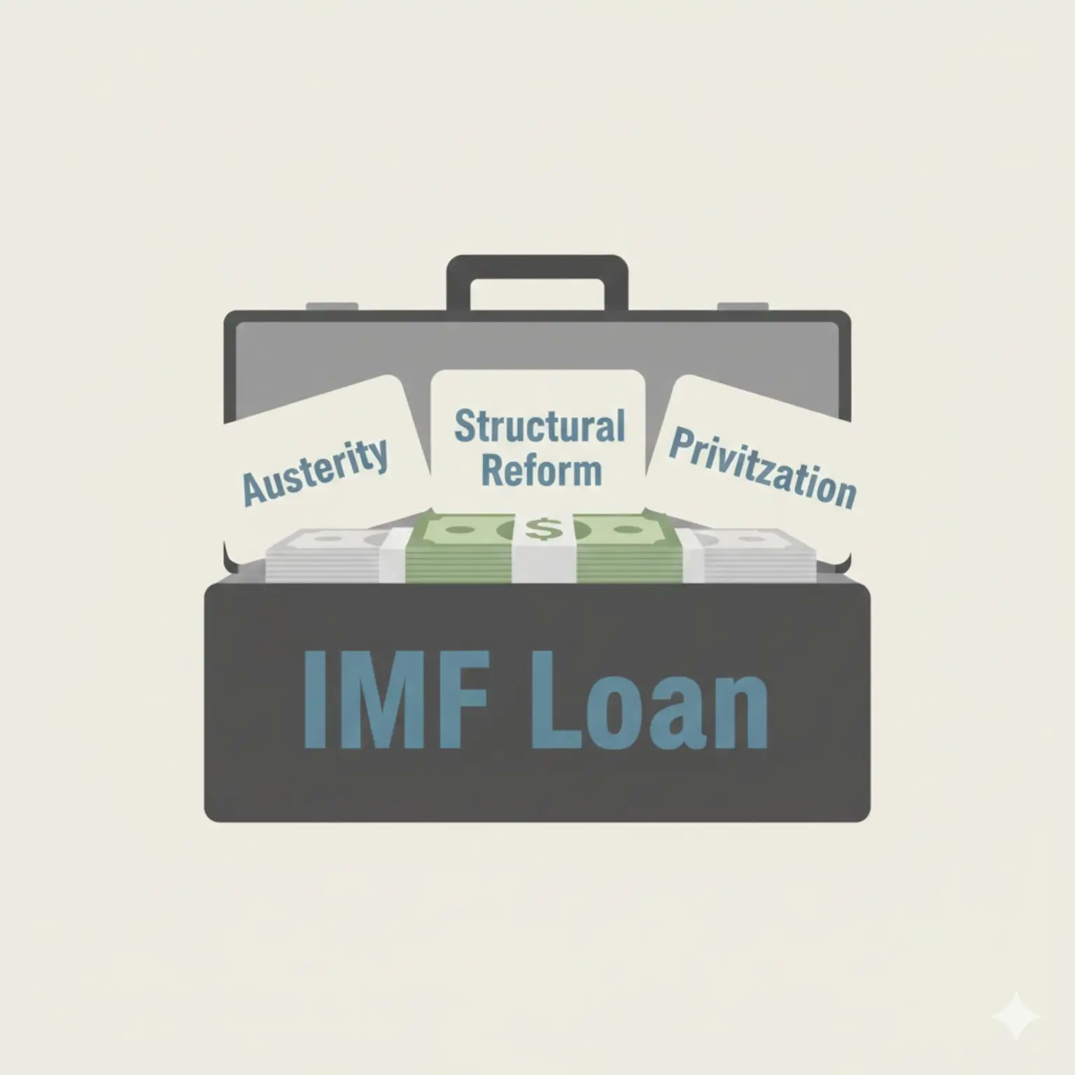 IMF 대출과 함께 부과되는 긴축, 구조개혁, 민영화 조건을 상징적으로 표현한 이미지
