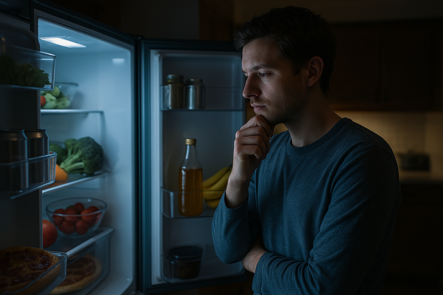 밤에 냉장고 앞에서 야식을 고민하는 모습, 야식 증후군의 시작 장면