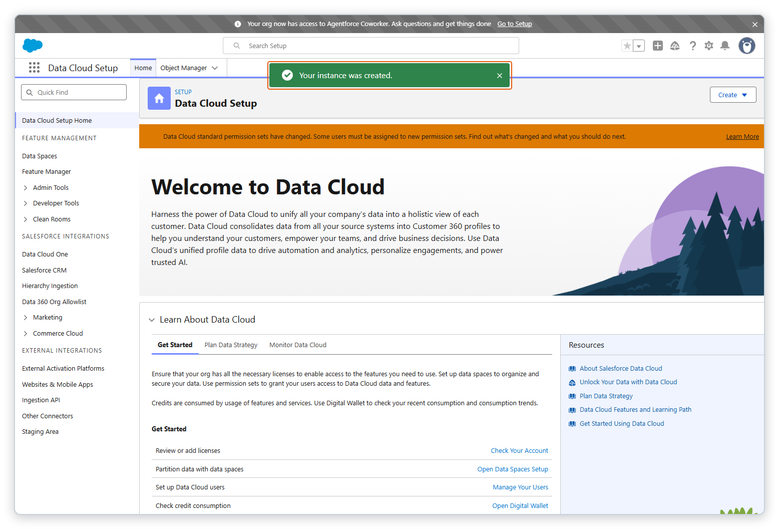 Data Cloud Setup 위에 Your instance was created. 알림이 떠 있다