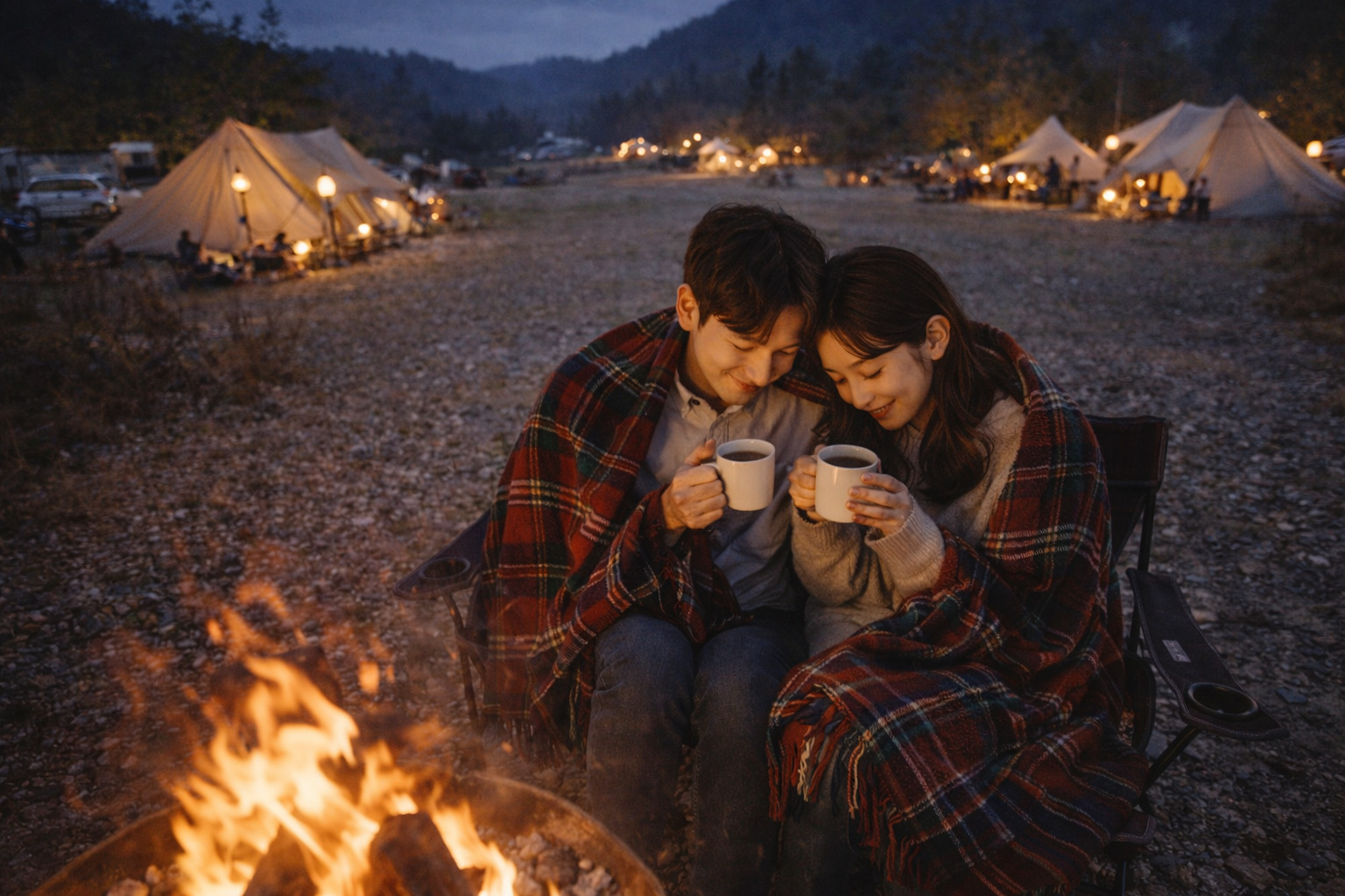 저녁 캠핑장에서 모닥불 앞에서 담요를 덮고 코코아를 마시며 다정하게 앉아 있는 젊은 부부