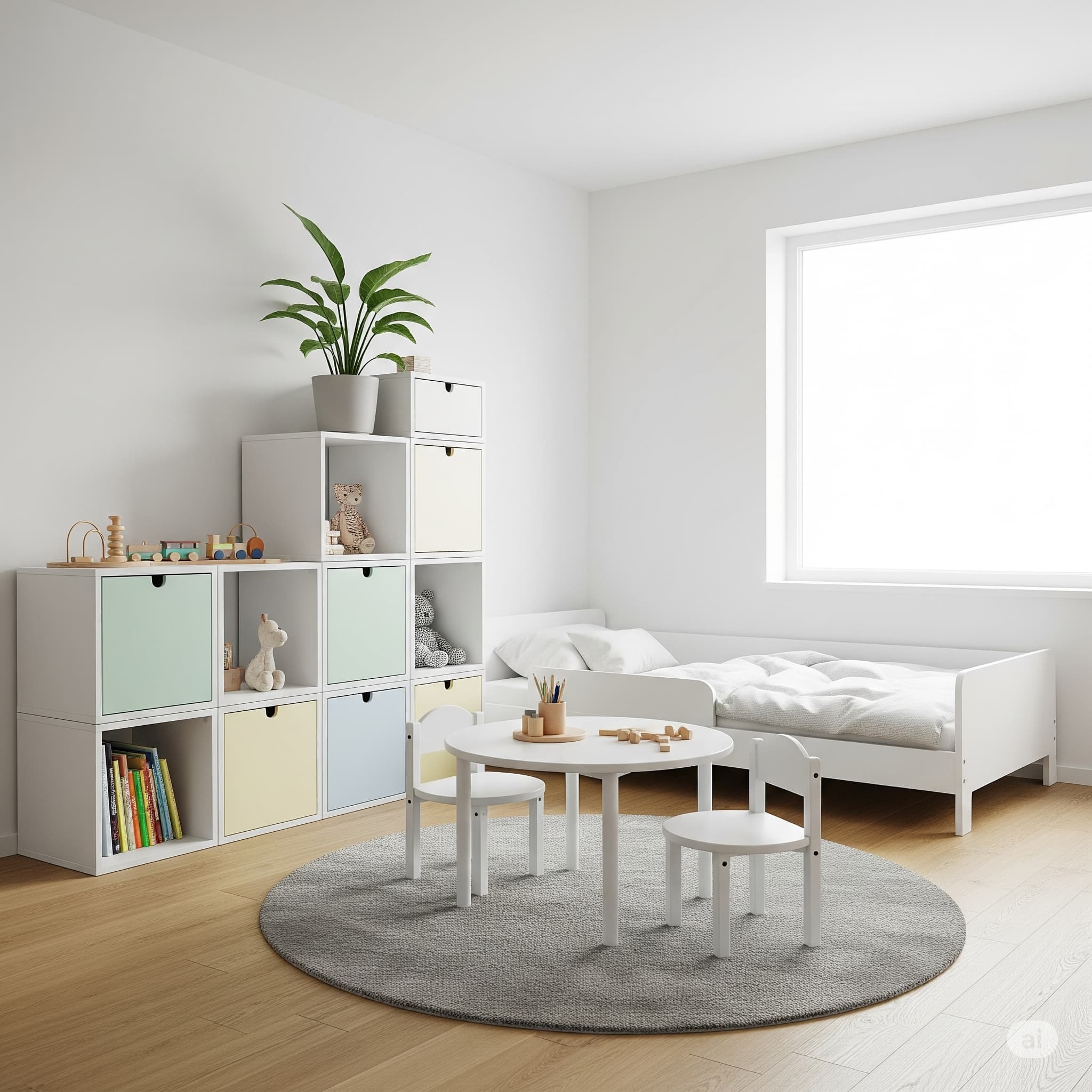 화이트 톤 벽, 모듈형 수납장, 안전한 가구 배치