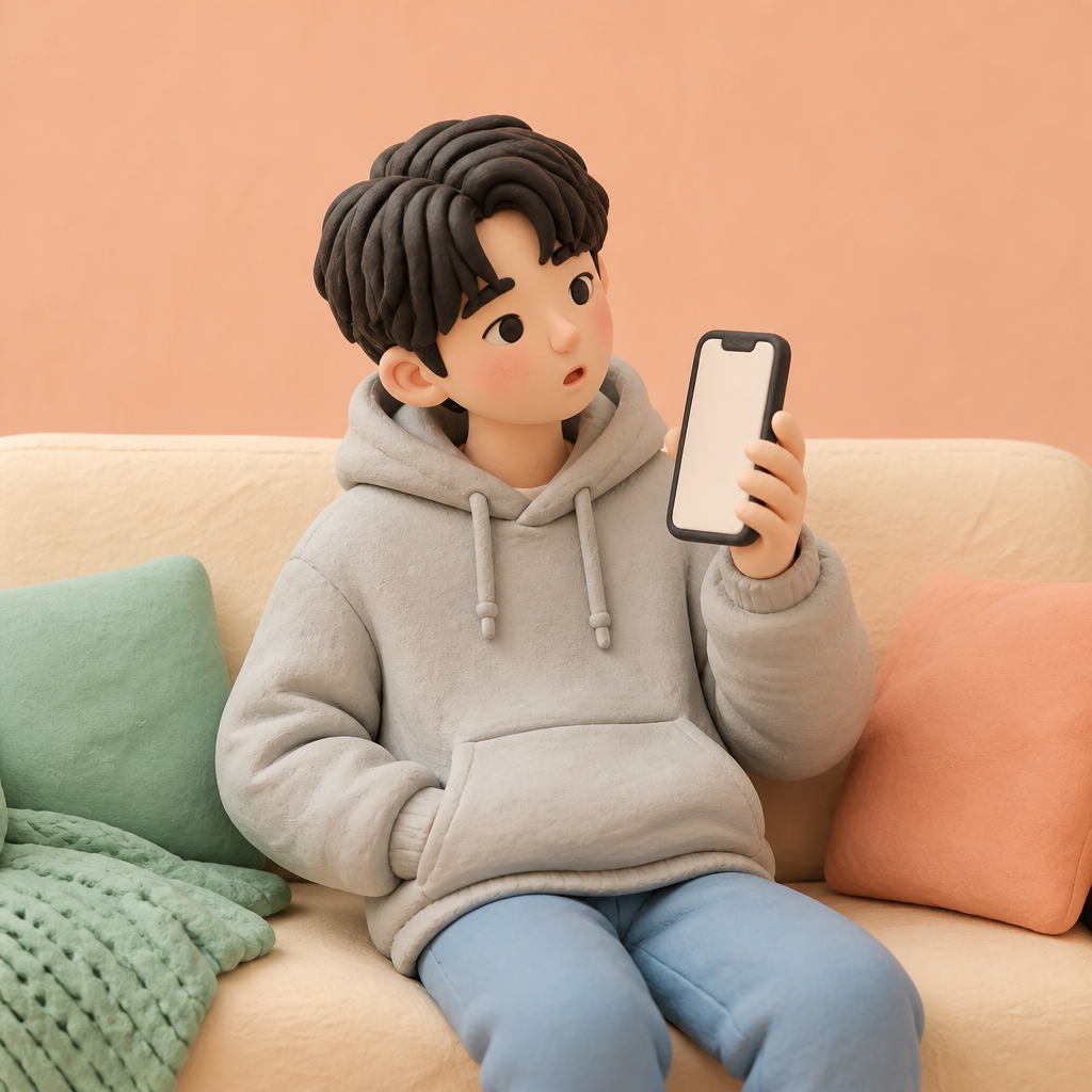 거실 소파에서 휴대폰을 보며 고개를 갸웃하는 20대 남성