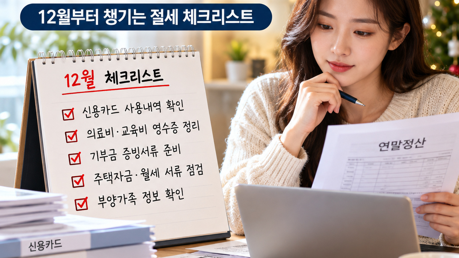 여성이 영수증을 살펴보는 실사 사진과 신용카드&middot;의료비&middot;교육비&middot;기부금&middot;주택자금&middot;부양가족의 12월 체크리스트