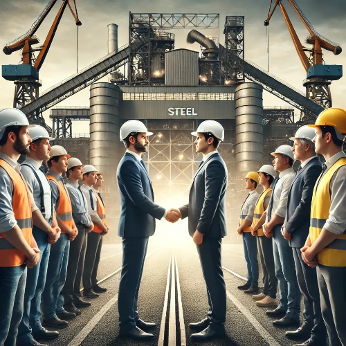 회사-앞에-근로자들이있고-대표자들로-보이는-사람들이-악수를-하고-있음