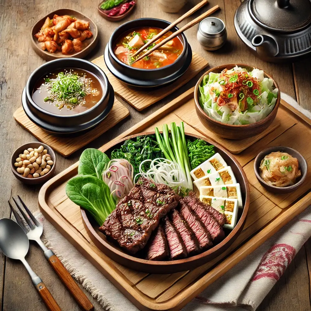 한국식 고단백 메뉴인 비빕밥과 두부조림 그리고 된장찌개를 보여주는 이미지 입니다