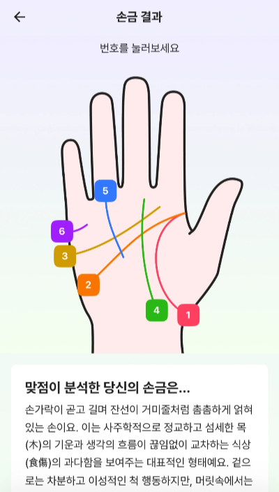 맞점 손금보기 결과 손금 화면