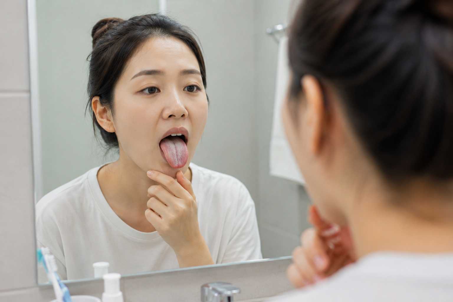 거울을 보면서 혀의 상태를 확인하는 모습을 보여주는 이미지
