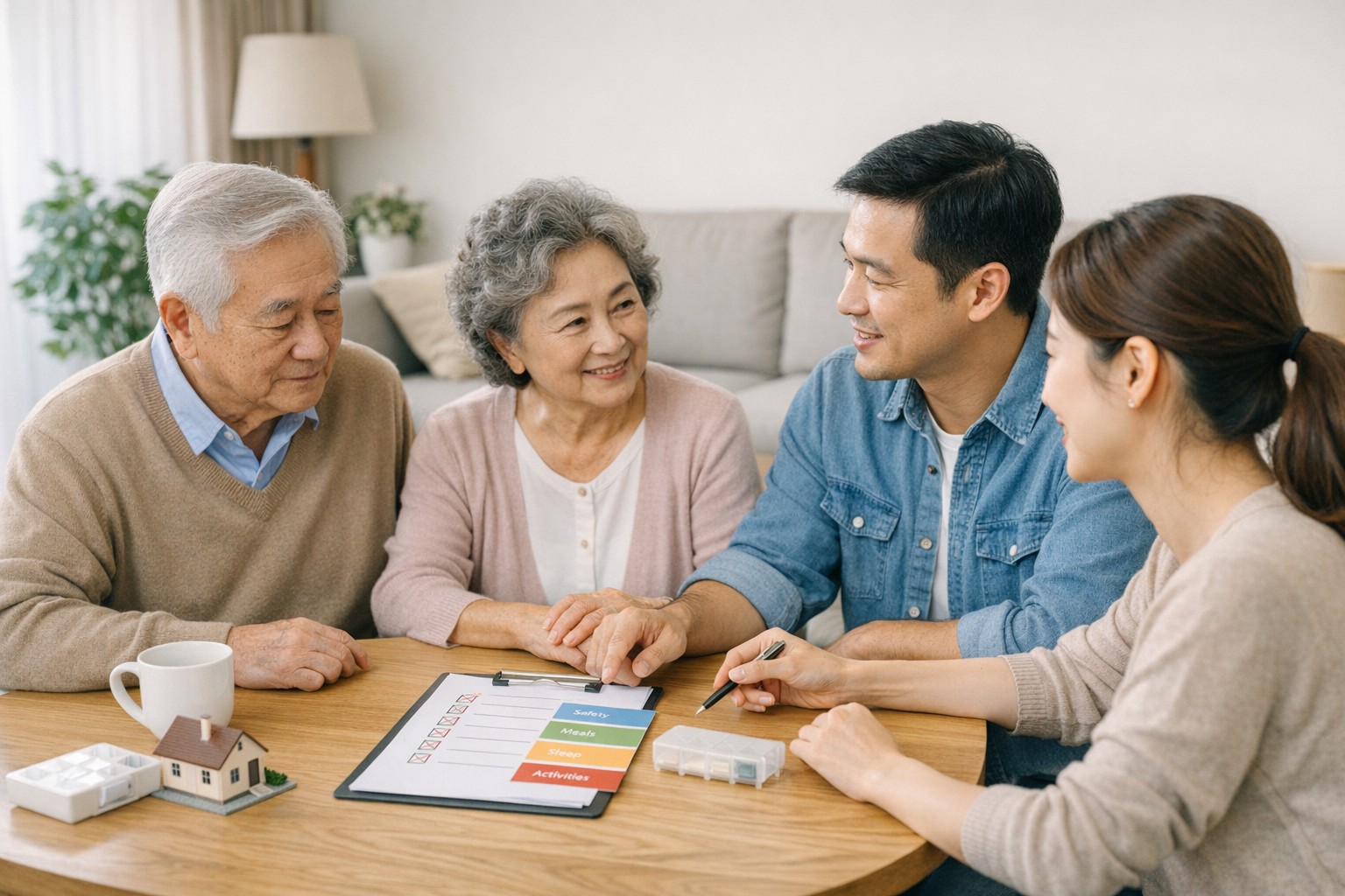가족이 함께 시니어 통합 생활 관리 계획을 수립하며 정서적 유대를 다지는 모습
