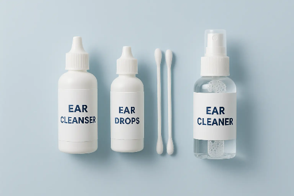 반려동물 귀 관리를 위한 귀 클리너, 귀약, 면봉이 라이트 블루 배경에 깔끔하게 배치된 스튜디오컷
