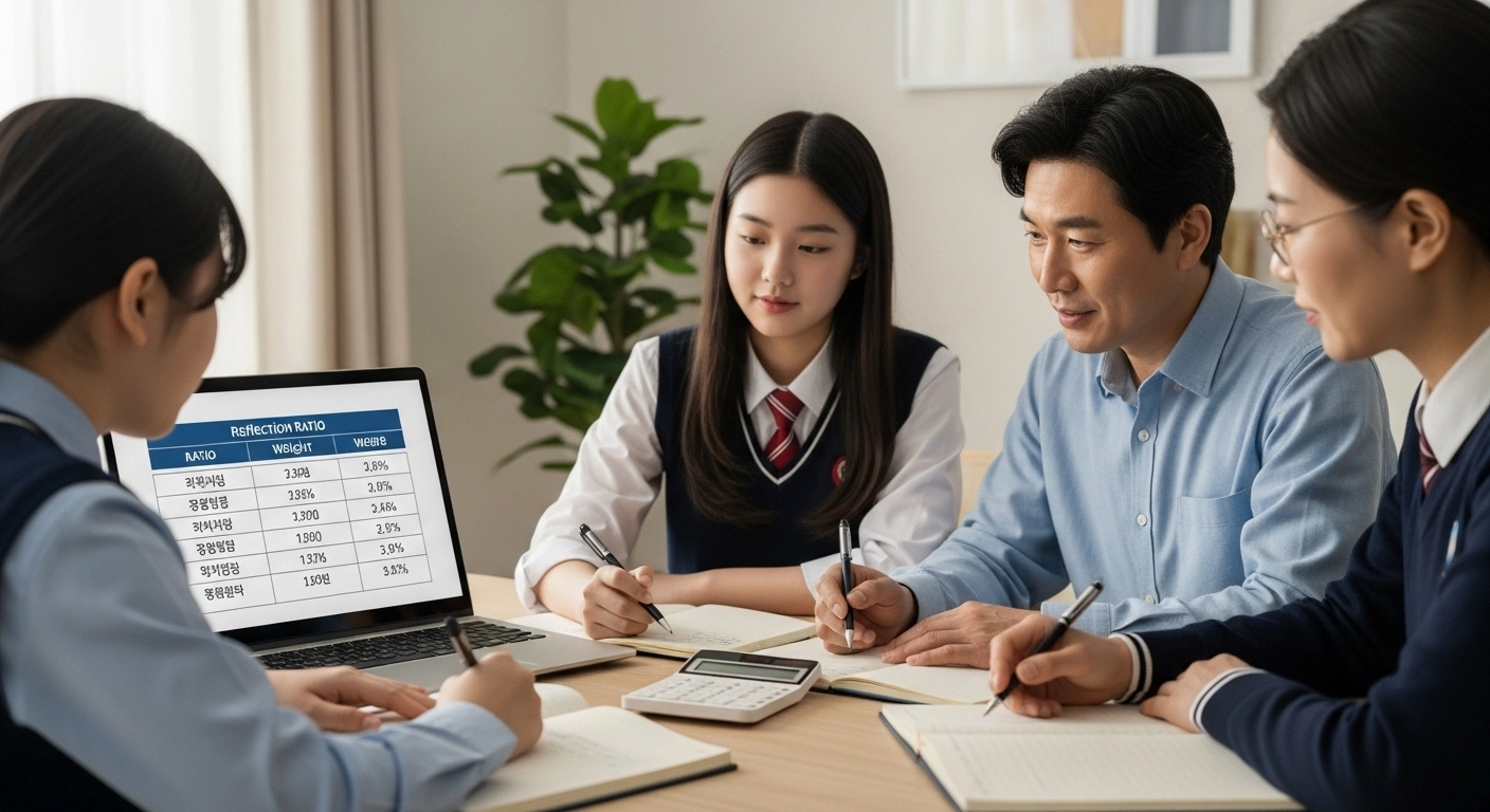 고등학생과 부모가 대학 모집요강을 보며 분석하고 있는 장면