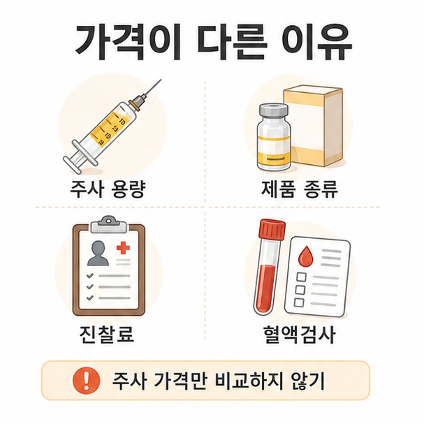 주사 용량, 제품 종류, 진찰료, 혈액검사 여부에 따라 가격이 달라진다는 점을 설명한 그림