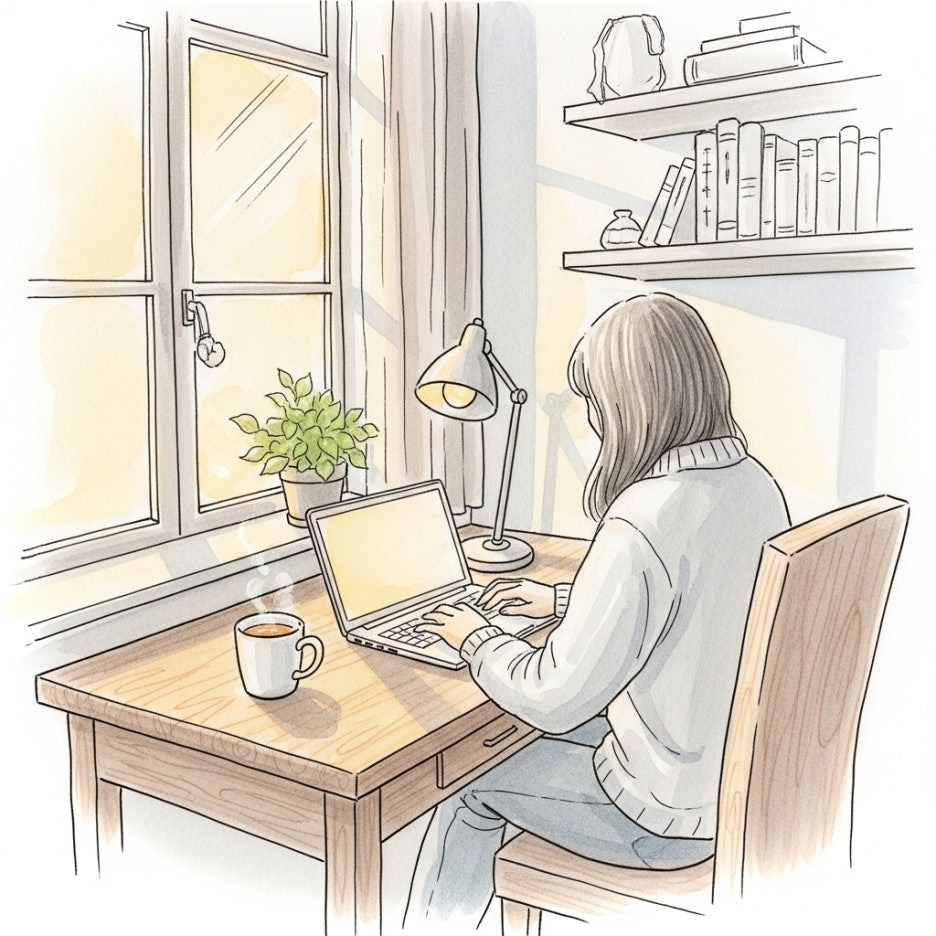 따뜻한 햇살 아래 노트북으로 티켓팅을 준비하는 사람의 뒷모습