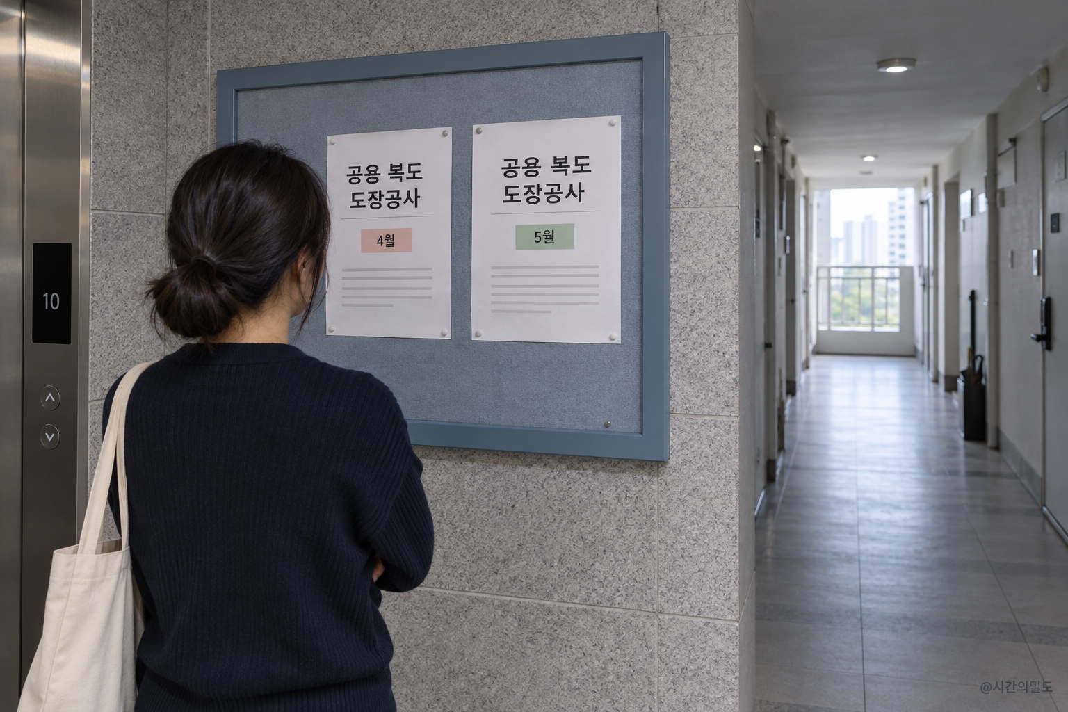 한국 아파트 공용 복도 공사 안내를 게시판에서 읽는 가상 입주민