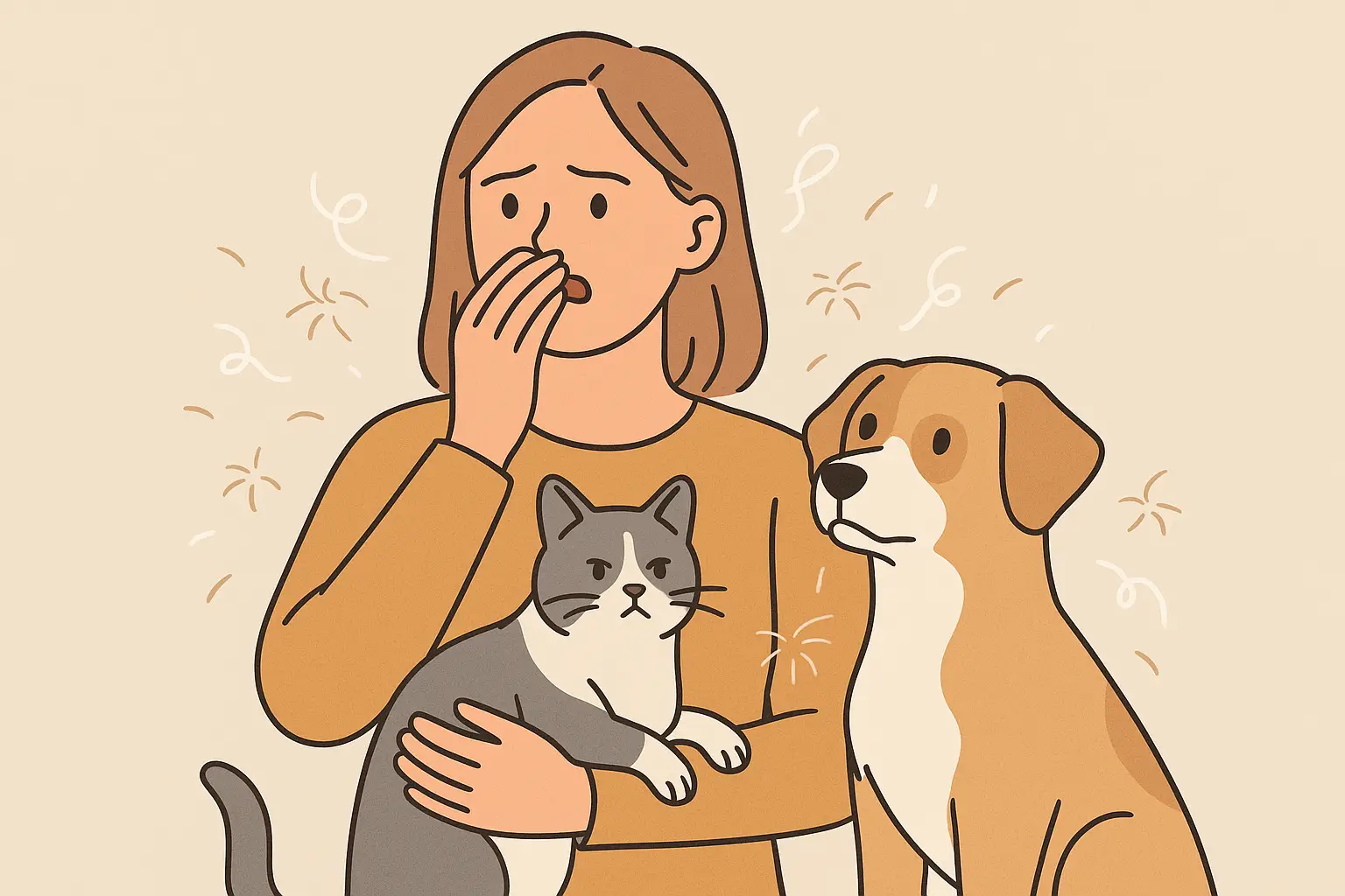 고양이와-개를-안거나-가까이-있을-때-알레르기-증상을-느끼는-여성