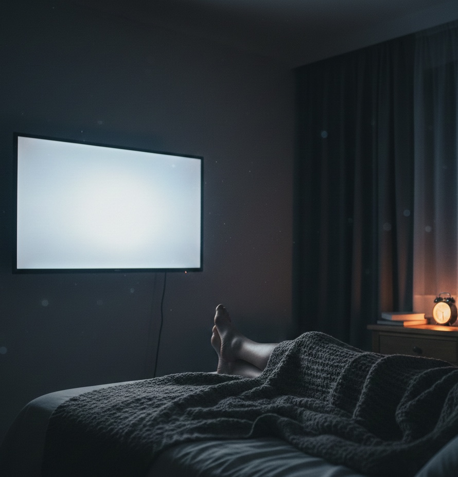 조용한 밤, 침대에서 TV를 바라보는 일상 장면