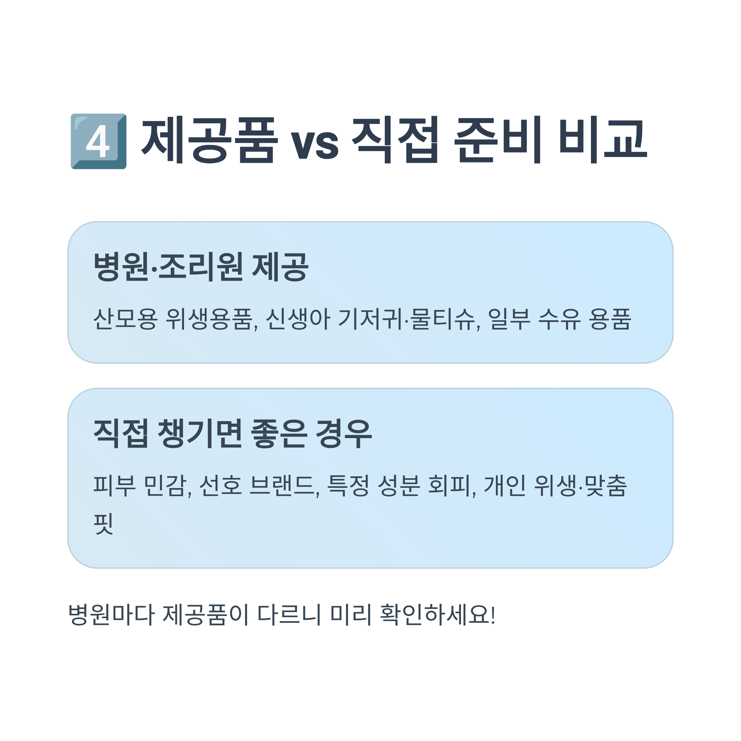 병원·조리원 제공품과 직접 준비물 비교표 인포그래픽