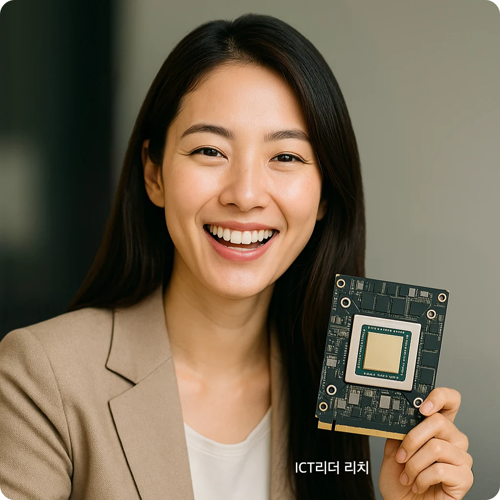 딥러닝 GPU 텐서코어를 들고 환하게 웃는 20대 여성의 고화질 이미지