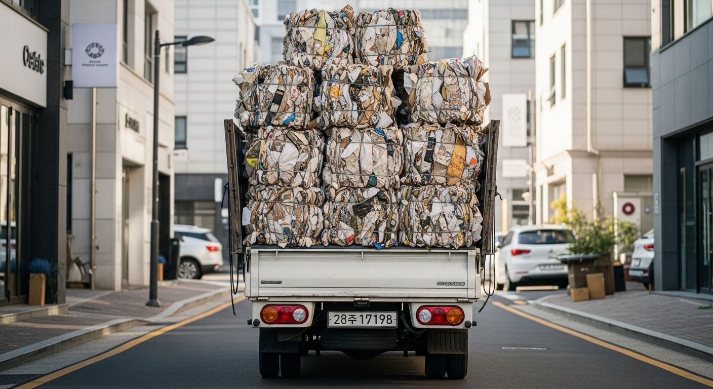 도심 도로에서 폐지를 가득 실은 소형 트럭