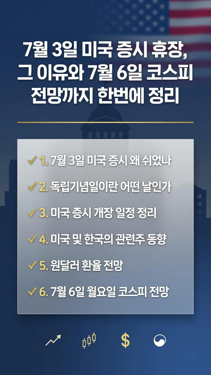 7월 3일 미국 증시 휴장 이유, 독립기념일, 증시 개장 일정, 관련주, 환율, 7월 6일 월요일 한국 코스피 전망 총정리