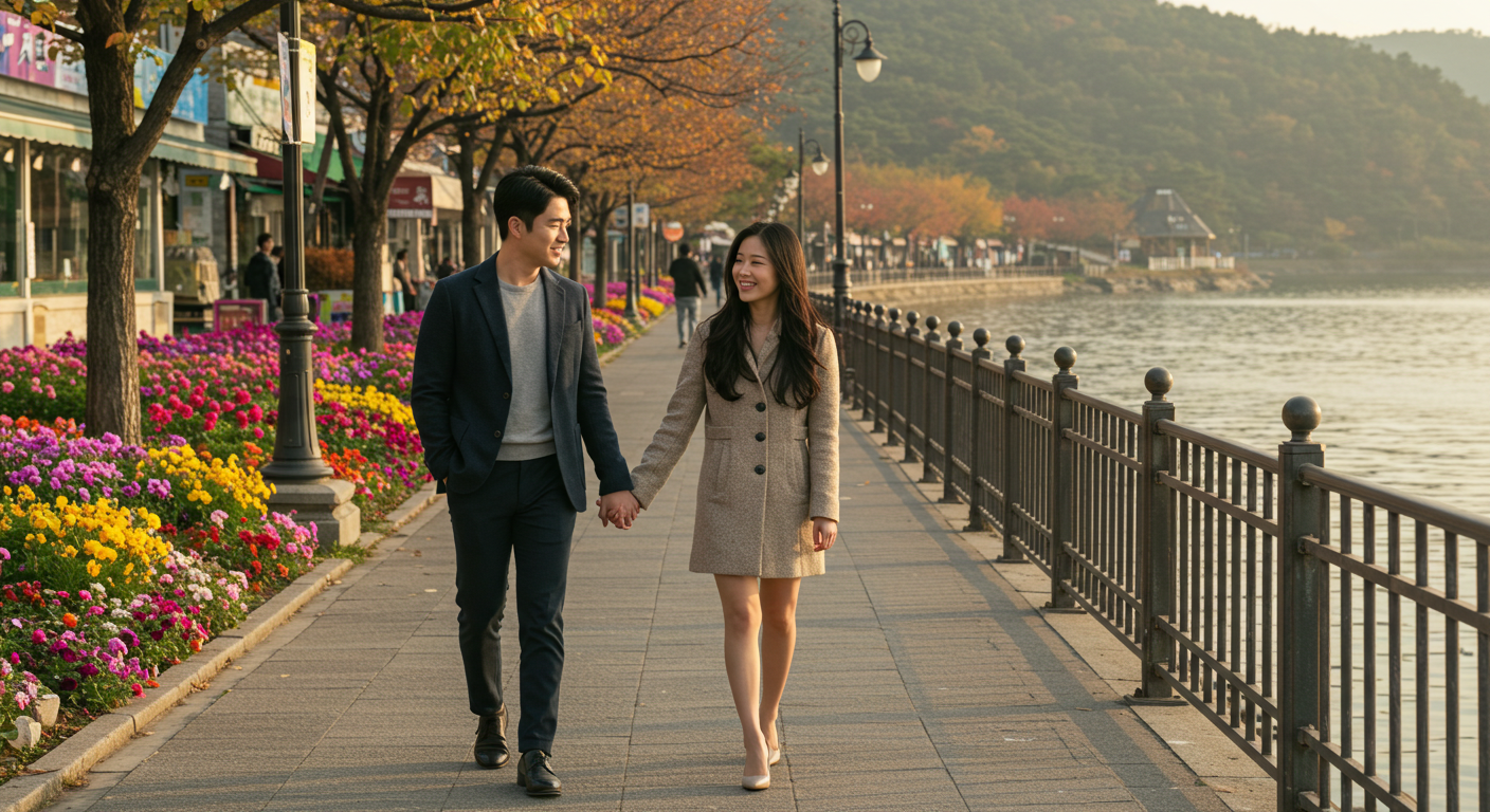 서울 근교 춘천에서 한국인 연인이 호수 산책로를 걷는 로맨틱한 데이트 모습