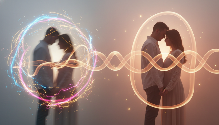 초기 설렘이 깊은 사랑으로 변화하는 순간을 묘사한 낭만적인 이미지. 활기찬 설렘과 따뜻하고 안정적인 사랑이 조화롭게 표현되어 있습니다.