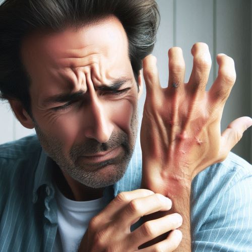 한쪽 손에만 알레르기 반응이 생겨 긁고 있는 중년 남성