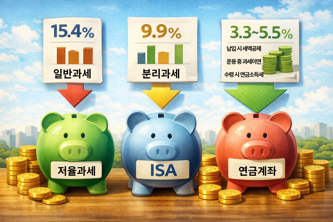 일반과세 15.4%, ISA 분리과세 9.9%, 연금계좌 연금소득세 3.3~5.5% 세율을 돼지저금통으로 비교한 계좌별 과세 구조 설명 이미지