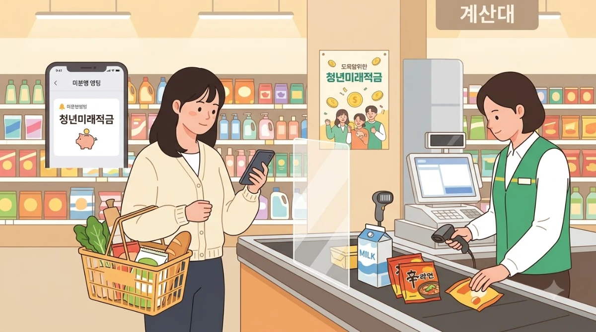 한국인 청년 여성이 마트 계산대 앞에서 장바구니를 든 채 스마트폰으로 청년미래적금 공고문을 확인하며 잠시 멈춰 서 있는 장면.