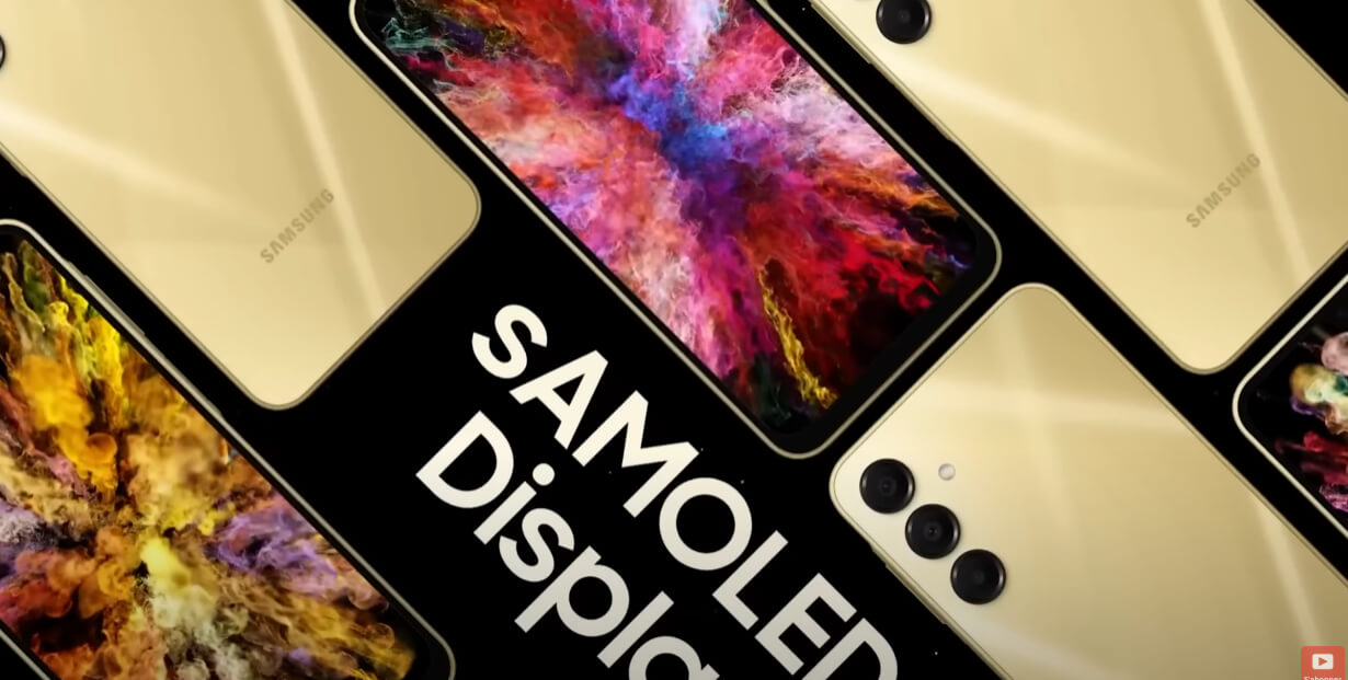 갤럭시 S25의 sAMOLED 디스플레이가 화려한 색상을 표현하는 이미지로, 고급스러운 골드 컬러가 강조된 디자인
