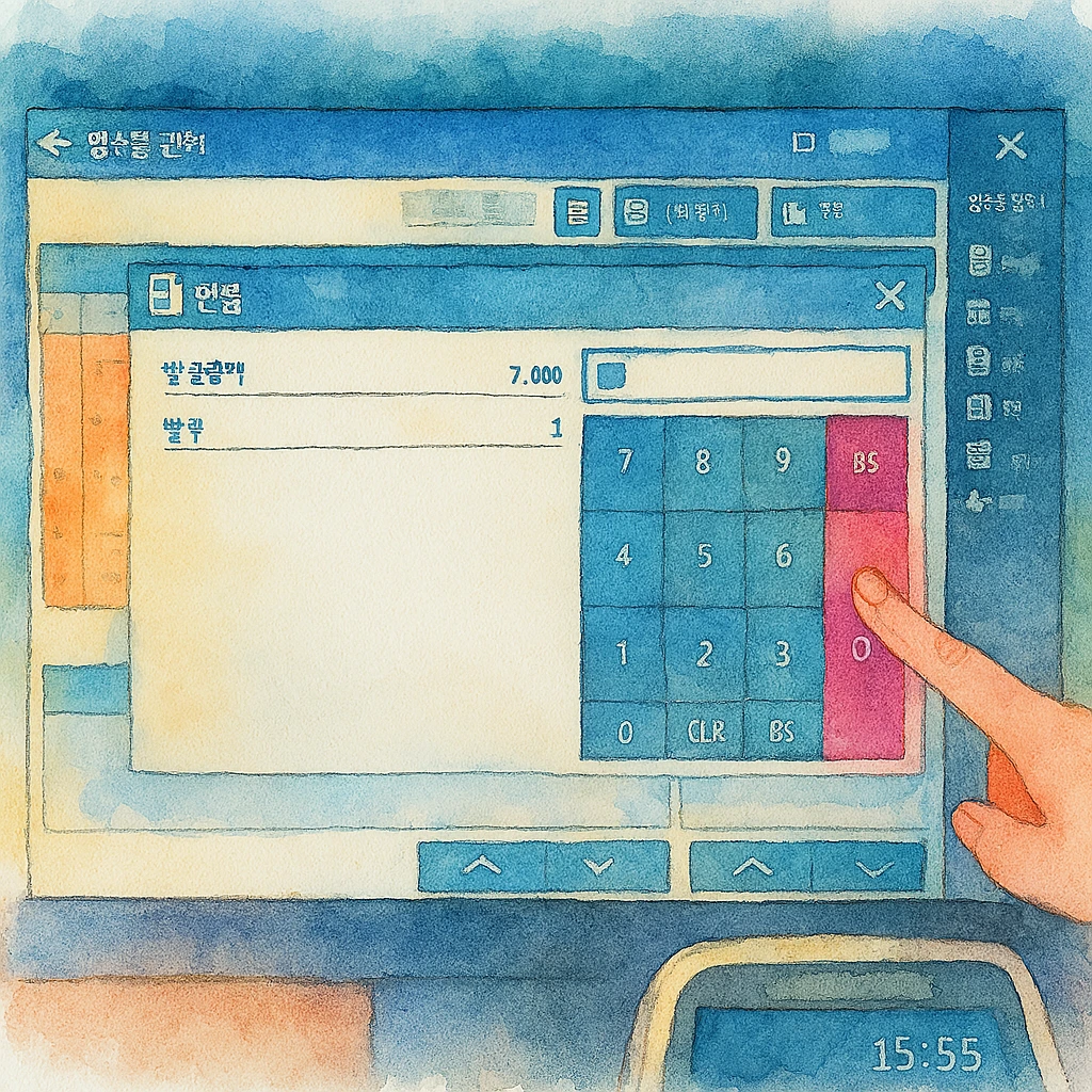 포스기 화면에서 OFF-PG 결제 내역을 선택하고 결제 취소 버튼을 누르는 장면